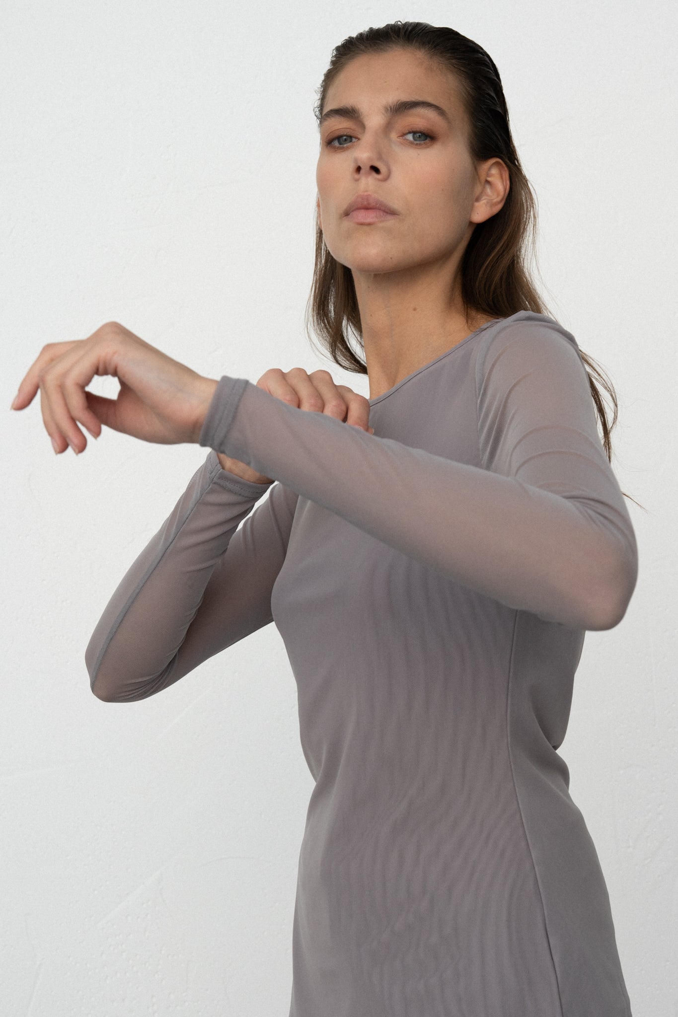 Grey Long Sleeves Top (Tulle)